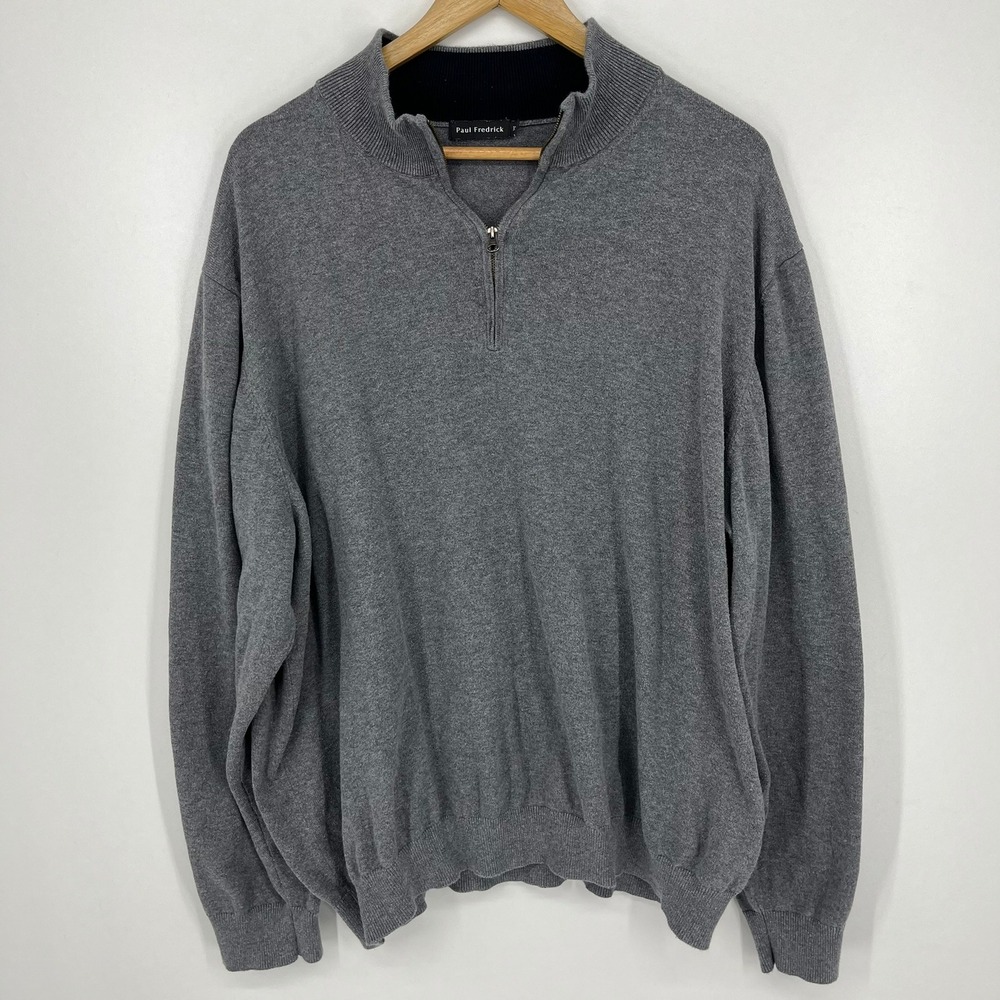 Paul Fredrick Mens 3XL Gray 100% Supima Cotton Quarter Zip‎ Mock Neck Sweater